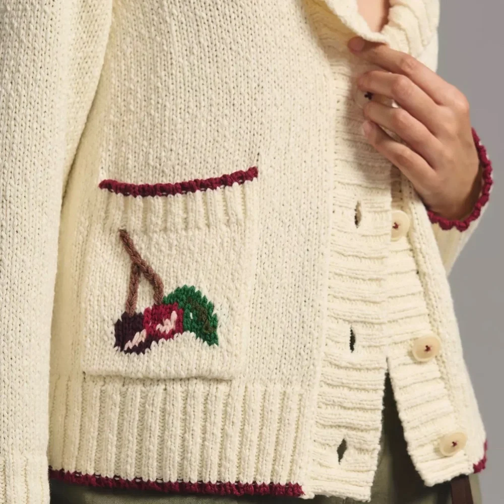 Anthropologie Maeve Cherry Cardigan Embroidered Shawl Sweater, 1X EUC - Picture 3 of 4